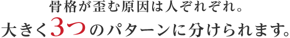 骨格が歪む原因は人ぞれぞれ。大きく3つのパターンに分けられます。